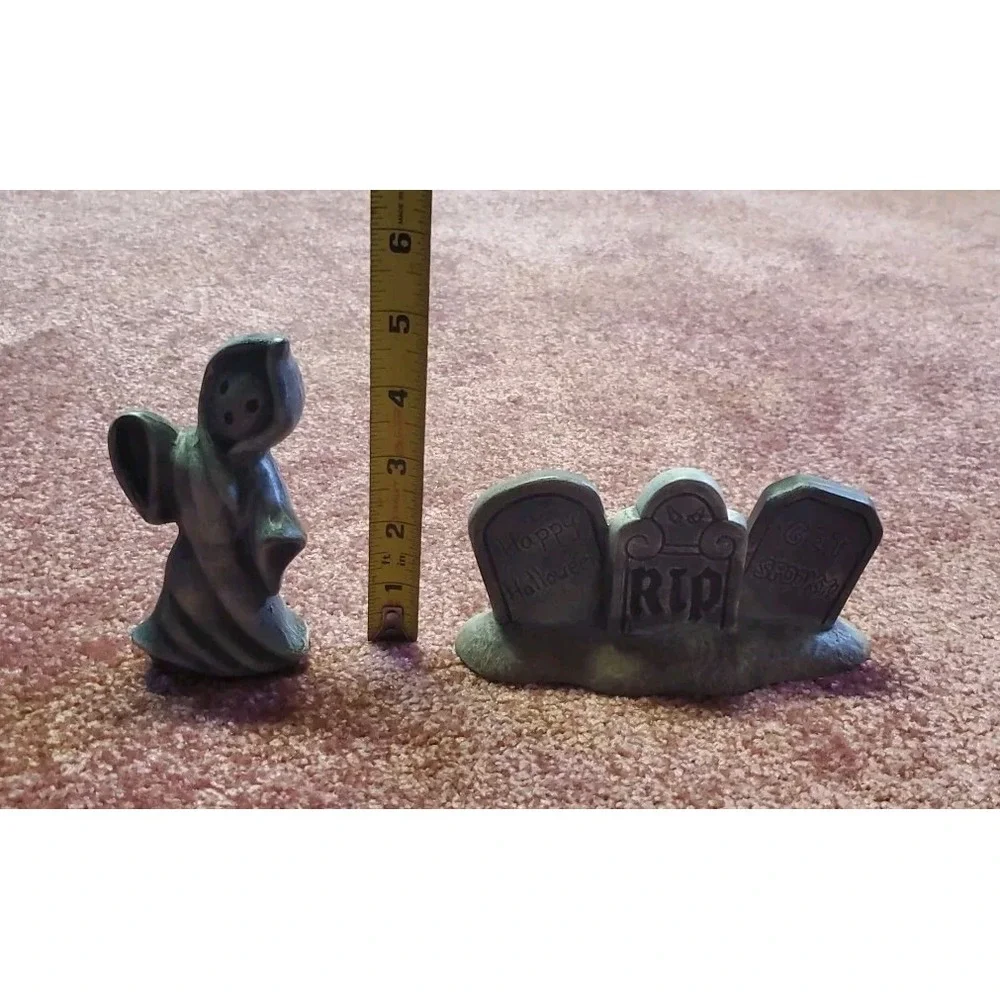 Vintage Halloween Ceramic Ghost & RIP Tombstone Graveyard Figurine Set Painted
